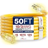 50ft Outdoor/Indoor Extension Cord 10/3 Gauge Ultra Heavy Duty 3 Prong SJTW, Waterproof, Flexible Cold-Resistant Long Power Cord,15A 125V 1875W, Yellow by LifeSupplyUSA