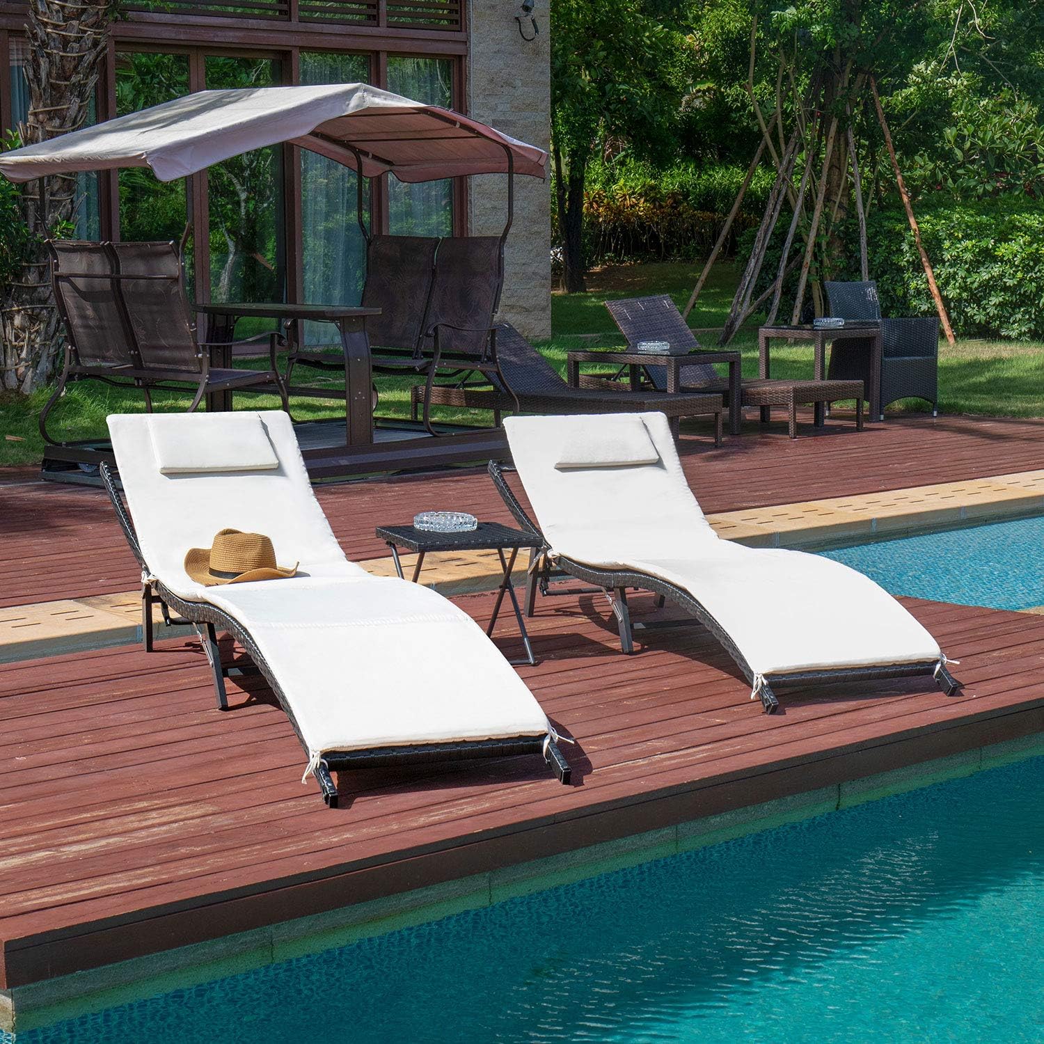 Devoko Patio Chaise Lounge Sets Outdoor Rattan Adjustable Back 3 Pieces Cushioned Patio Folding Chaise Lounge with Folding Table (Beige): Garden & Outdoor
