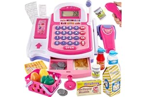 BUYGER Kids Cash Register Toy with Scanner, Receipt Printer, Microphone, Shopping Play Food - Pretend Role Play Birthday for Toddler Kids Boys Girls Ages 3 4-8+ Years Olds