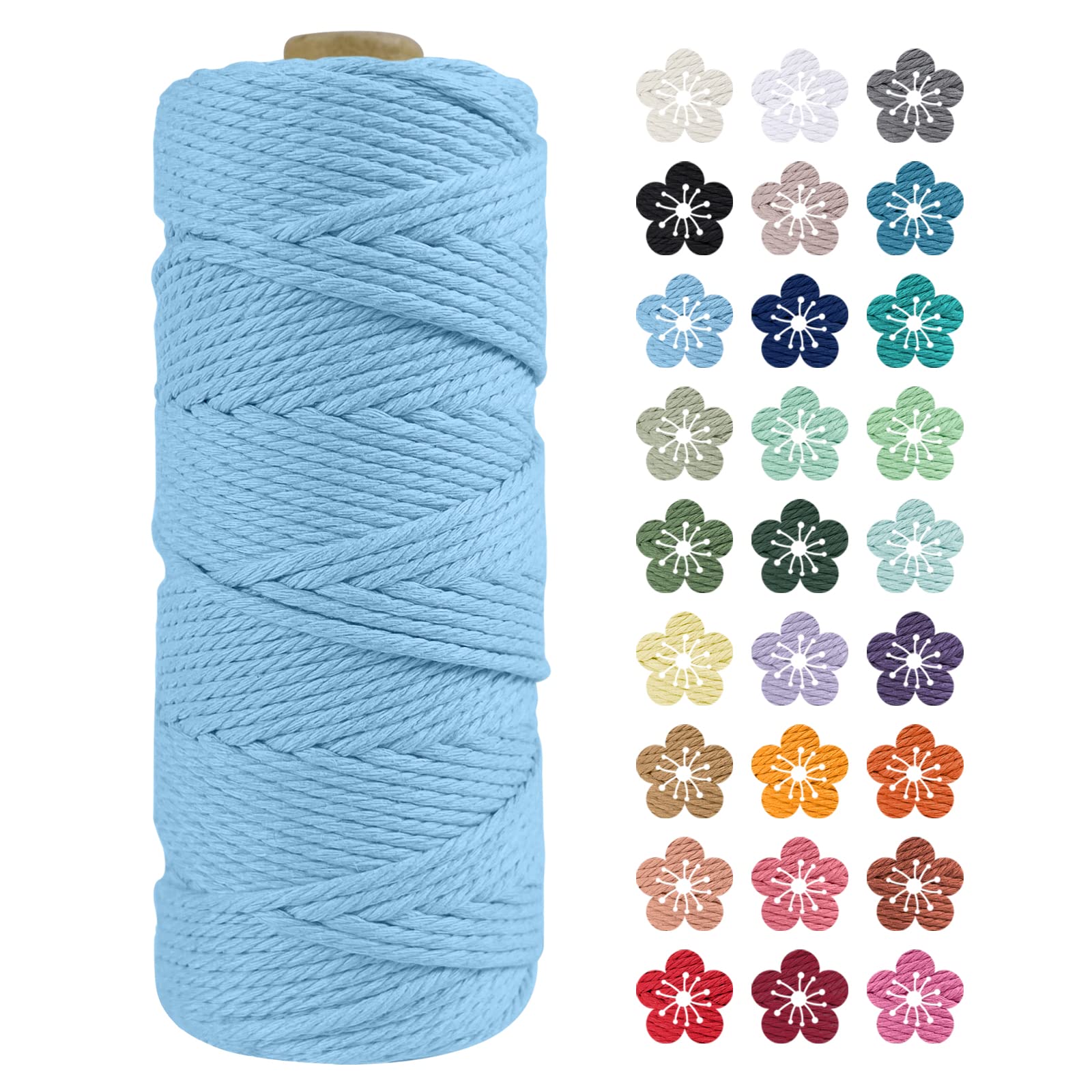 LEREATI Macrame Cord 2mm x 100m, Thick Macrame Rope Natural Cotton Rope Craft String, 3 Strand Twisted Cotton Cord Yarn for DIY Plant Hanger, Wall Hanging, Christmas Decoration (Sky blue)