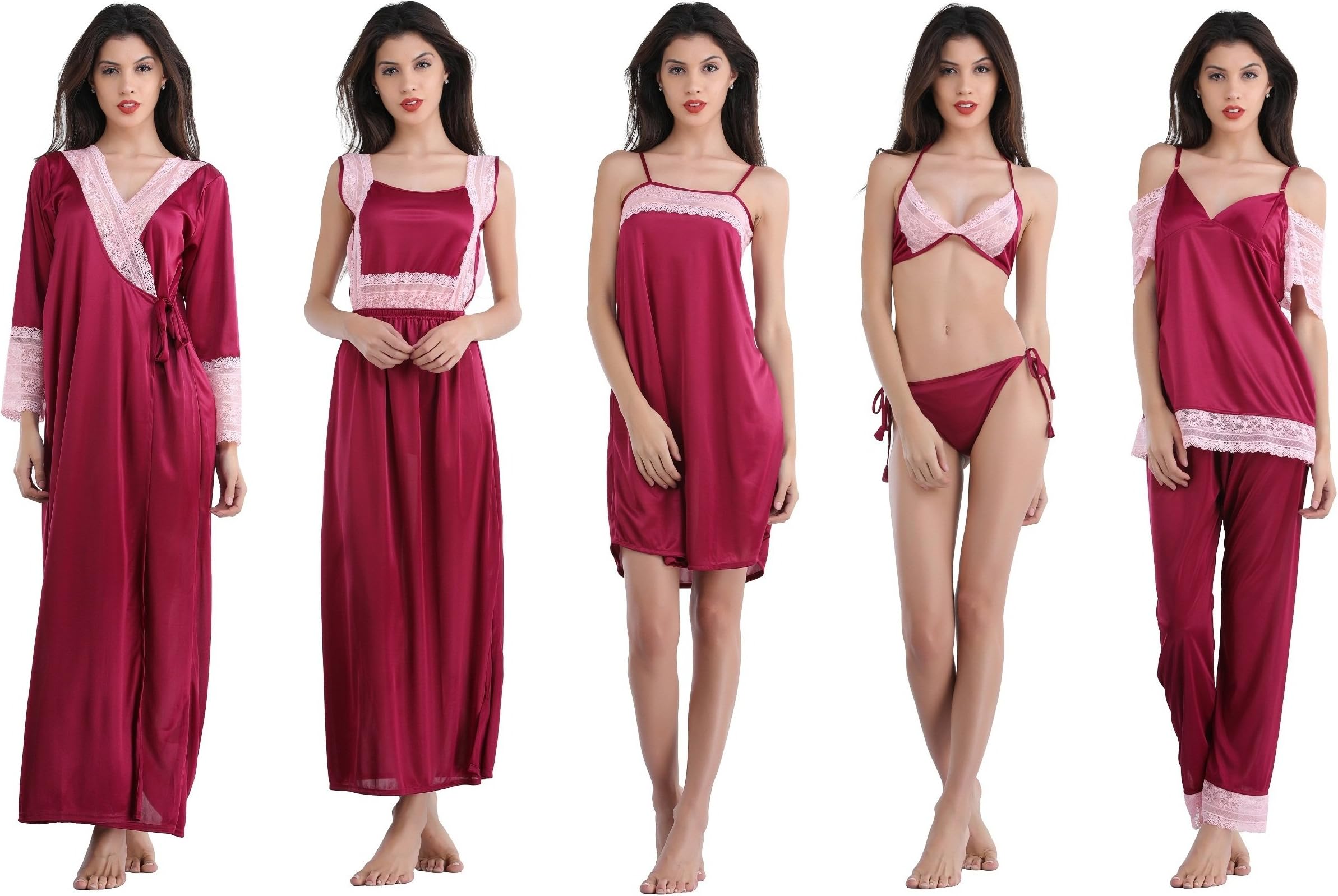 Forewo - Women's Satin Nighty - 7 Pc Set- Nighty/Robe/Top/Pyjama/Short Nighty/Bra/Panty