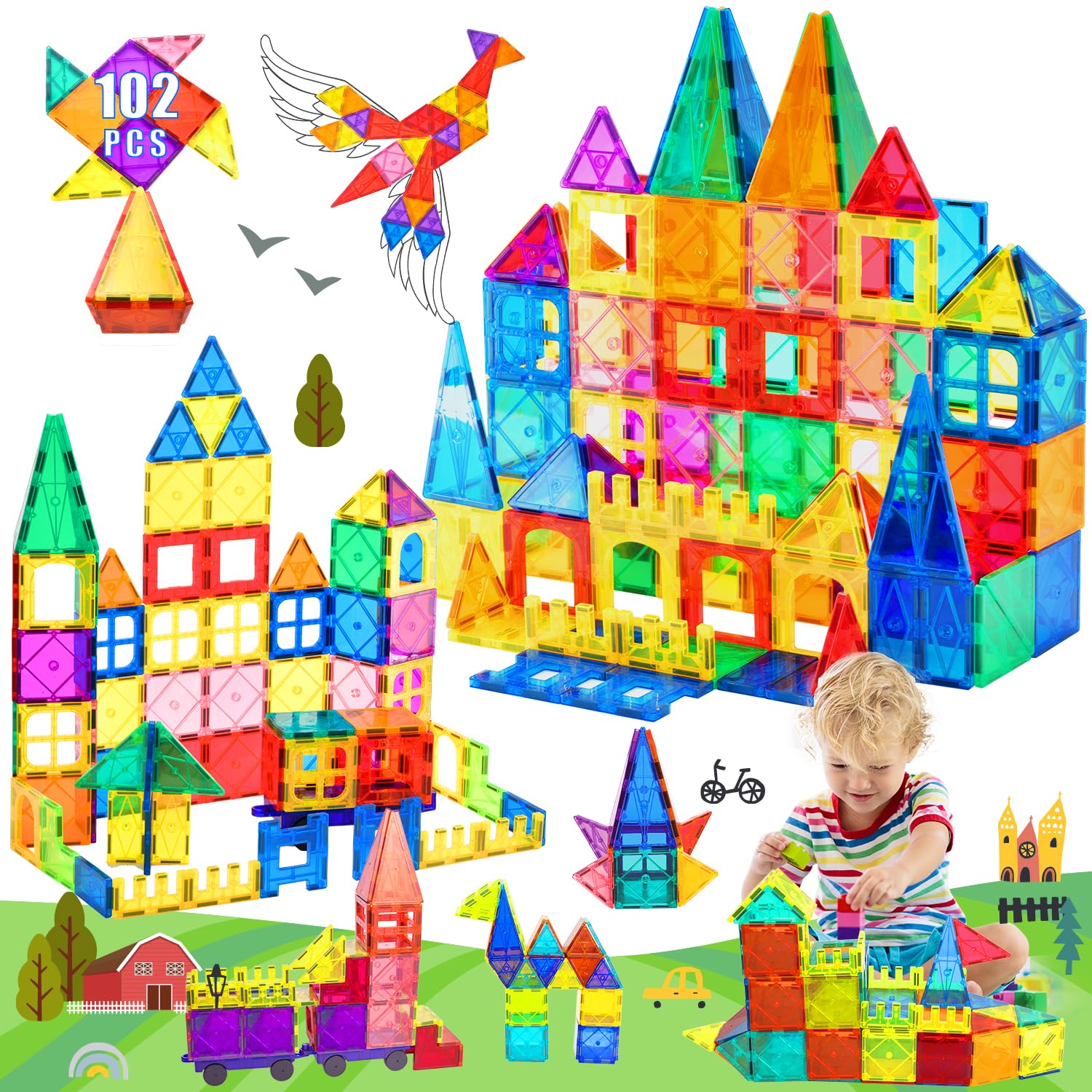 102 Pcs Magnetic Tiles Kids Toys(Includes 2 Cars) STEM Toys for Toddler Magnetic Building Blocks Toy Preschool Must Haves Toy for 3+ Year Old Boys and Girls, Safe Material with Strong Magnetism