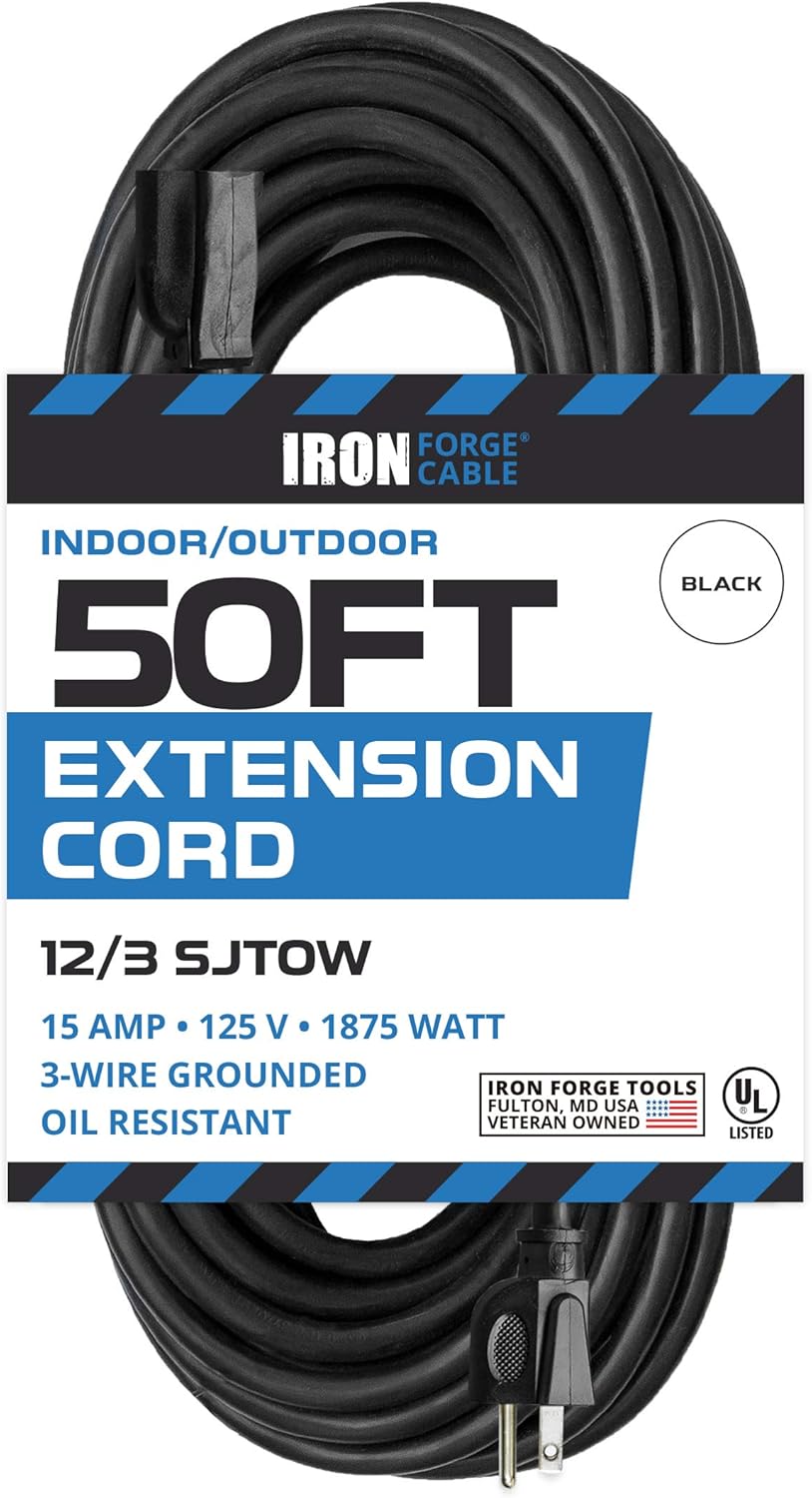 50 Ft Black Oil Resistant Extension Cord for Farms and Ranches - 12/3 SJTOW Heavy Duty Outdoor Cable with 3 Prong Grounded Plug for Safety