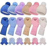 Shihanee 12/18 Pcs Kids Hat Scarf Gloves Winter Set Thick Thermal Beanie Hat with Pom Mittens Gift for Girls Boys Aged 5-10