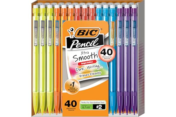 BIC Xtra-Smooth Mechanical Pencils with Erasers (MPCE40-BLK), Bright Edition Medium Point (0.7mm), 40-Count Pack, Bulk Mechanical Pencils for School, Barrel Colors May Vary