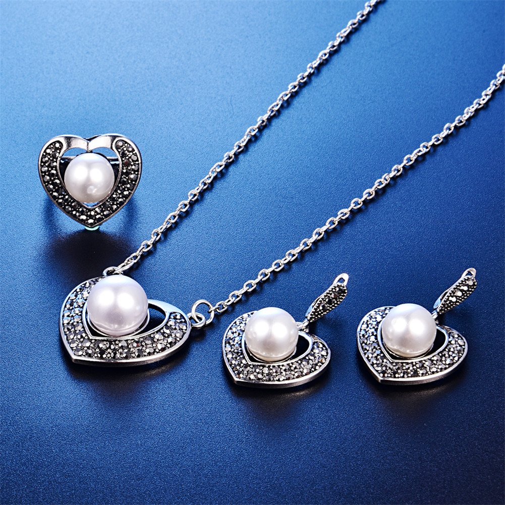 14K Platinum Alloy Forever Lover Heart Pendant Necklace, Single Pearl Necklace Earring Crystal Jewelry Set for Christmas Gift - Ring#7