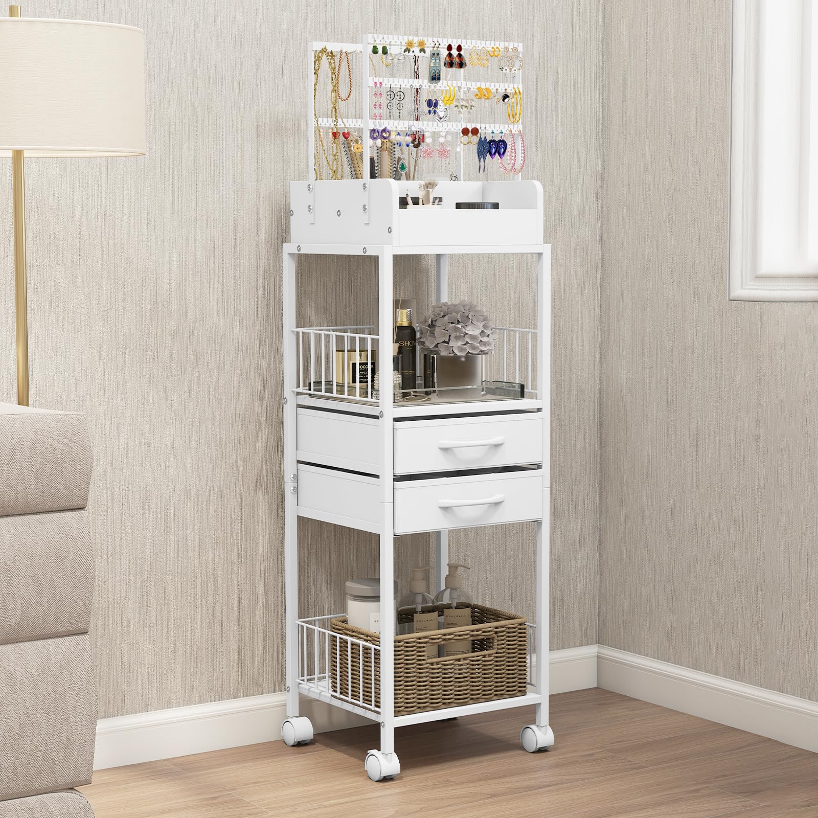 Photo 1 of Makeup Organizer, Floor Skincare Vanity Organizers and Storage with Drawers, Jewelry Storage for Earring Necklace, Cosmetics Display Cases Holder for Perfumes, Nail Polish