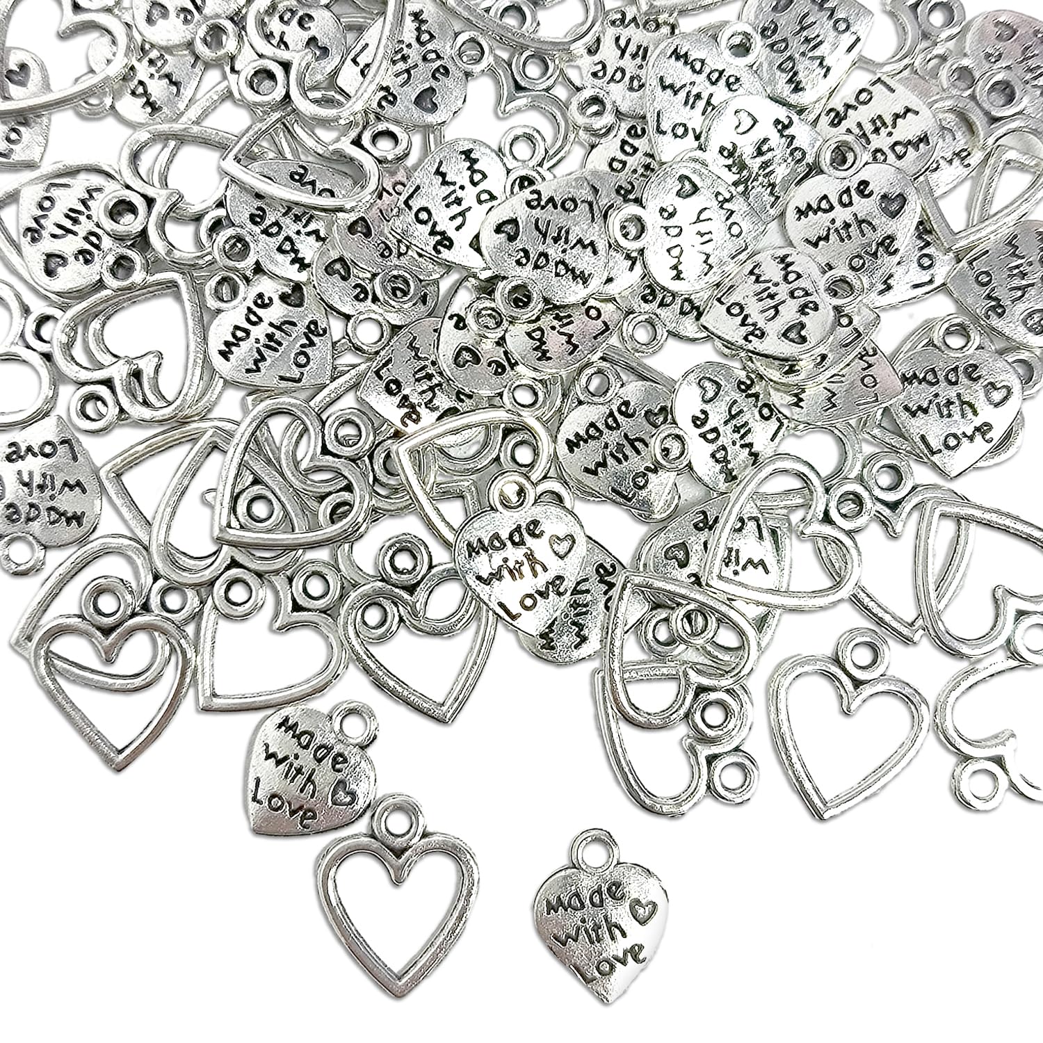 MAXQUU 100 Pieces Silver Heart Pendants With Holes, Diy Metal Hollow Pendants, Retro Jewelry Engraving Accessories, Suitable For Making Bracelets And Necklaces