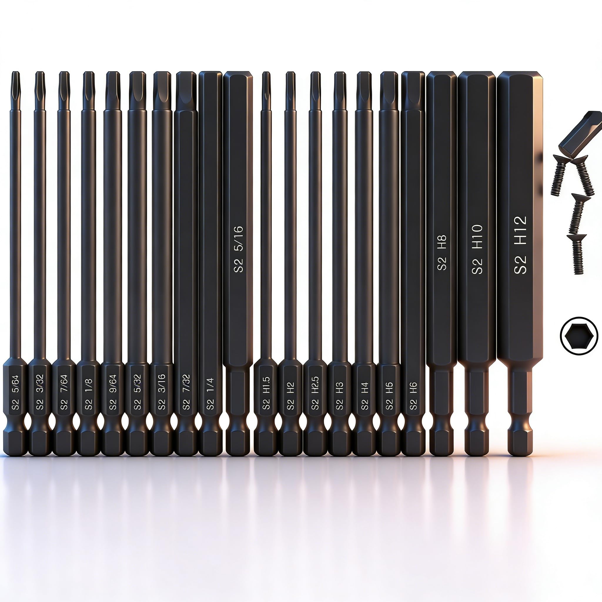 K Kwokker 20PCS Hex Allen Wrench Drill Bits 100mm, S2 Steel Hexagon Bits Long Hex Wrench Magnetic Screwdrivers Allen Key Bit Set for Assembling Furniture (10pc Metric & 10pc SAE