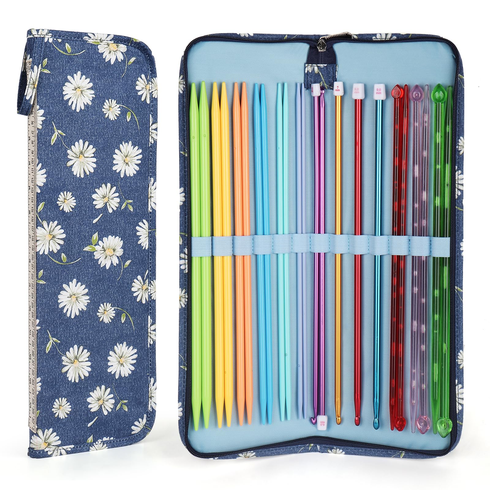 Aeelike Knitting Needle Storage Case Empty, Knitting Needle Case for Long Needles and Long Tunisian Crochet Hooks, Knitting Pins Case, Midnight Blue Daisy