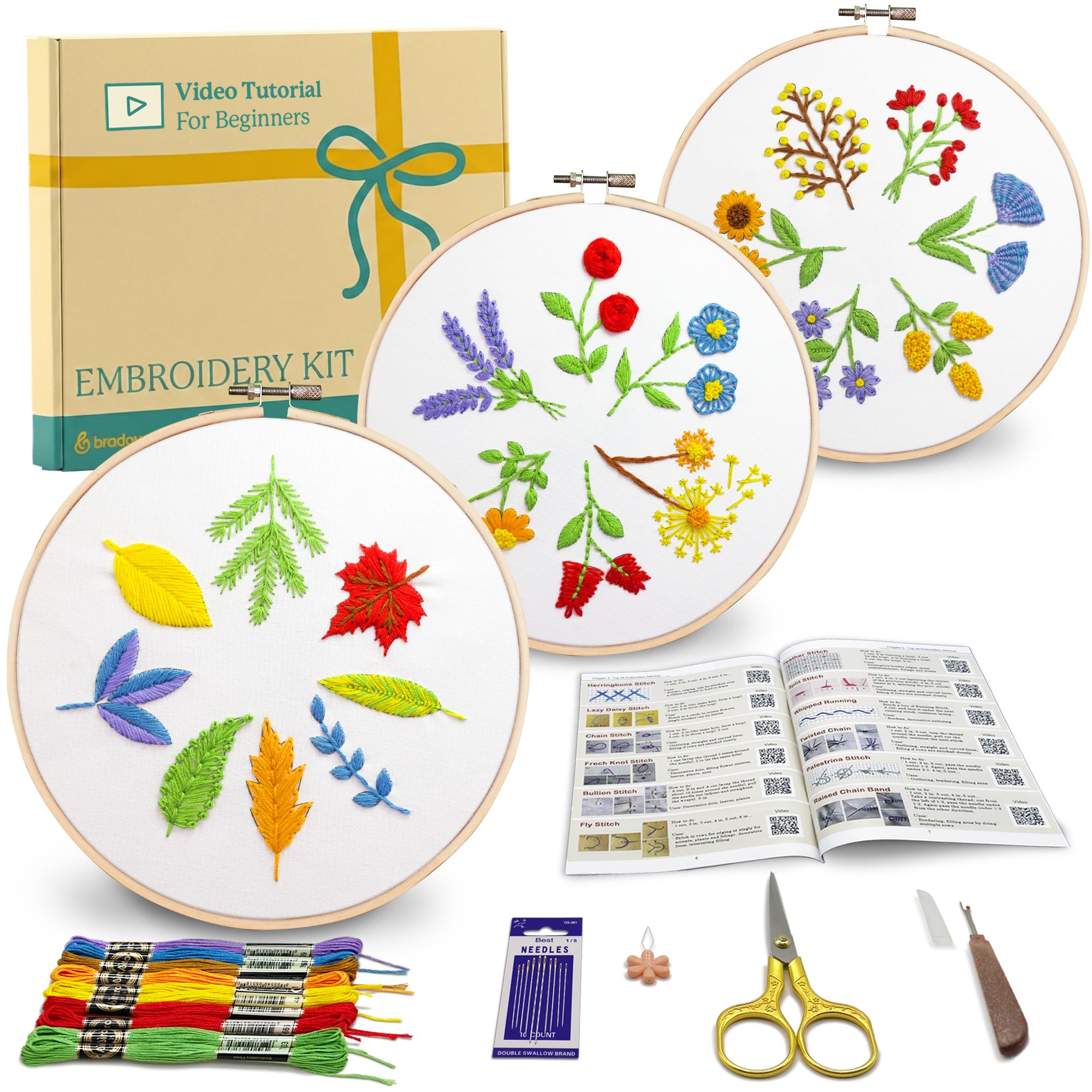 Bradove 3 Sets Leaves and Flowers Embroidery Kits for Adults Beginners Kids, Stitching Kit with Embroidery Patterns, Beginners Embroidery Kit with Video Tutorial and Instruction Booklet — image 1