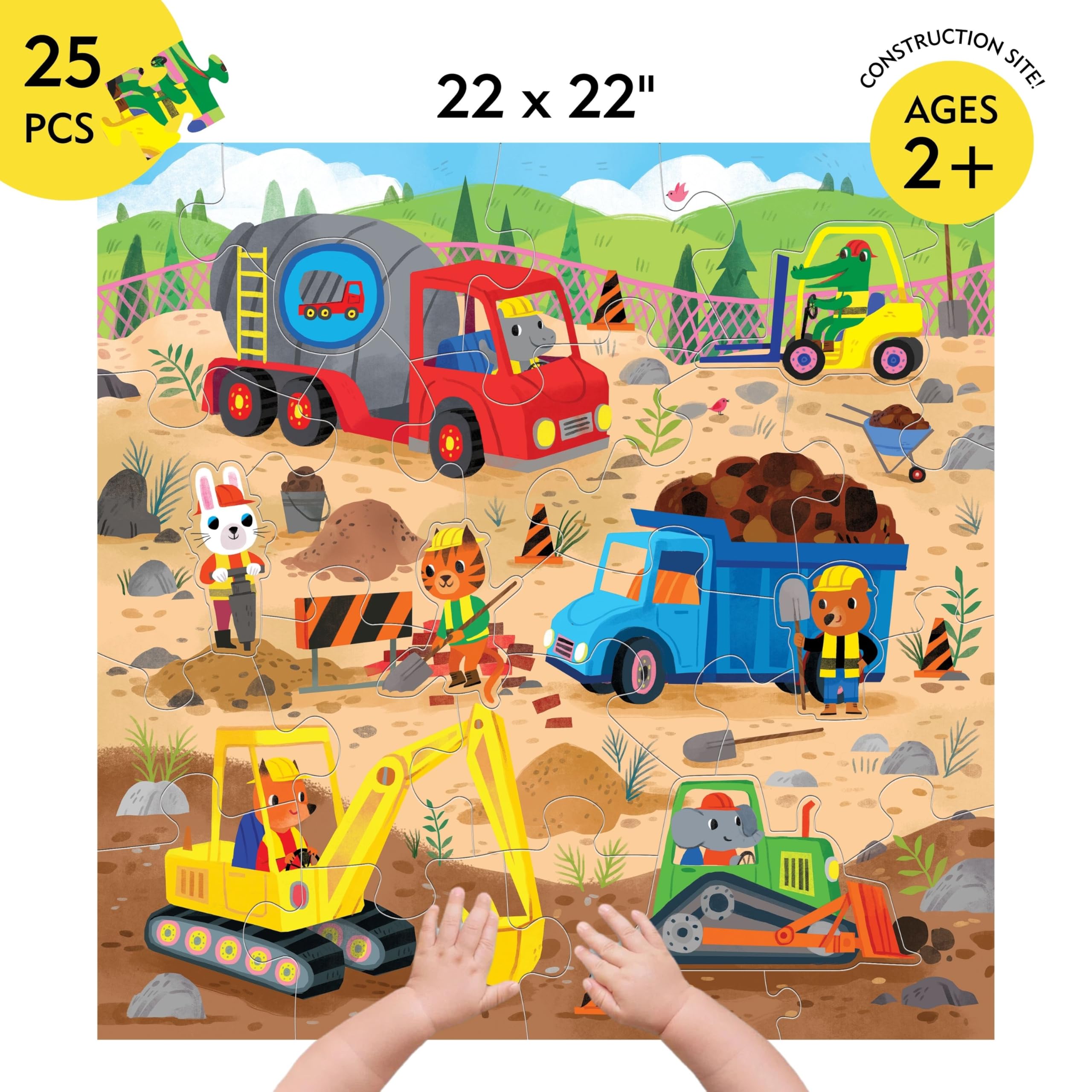 Mudpuppy’s Construction Site 25 Piece Floor Puzzle, Features 25 Colorful, Oversized Pieces, Includes 6 Special Shaped Pieces of Animal Workers, Bulldozers and More, Ages 2+, Great Gift Idea!