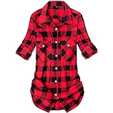 Alimens & Gentle Womens Flannel Shirt Long Sleeve Plaid Shacket Soft Casual Collared Loose Button Down Roll Up Blouses Tops