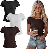 Vinsatin 3 Pack Girl's Short Sleeve Shirts Kids Ribbed Knit Boat Neck Tops Basic Cotton Slim Fit Summer Casual Solid Tees
