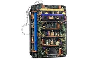 Kelvoris Goth Bookshelf Skull Credit Card Holder Small Wallet Women, Gothic Witchy Slim RFID Blocking Wallet Woman Keychain Zipper Coin Pocket, Front Pocket Thin Travel Card Case ID Window Ladies Gift
