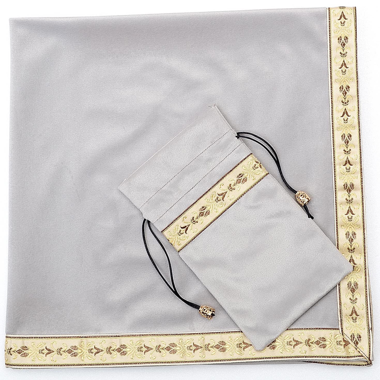 Kuai タロットクロス パステルカラー 68×68cm 2点セット ベルベット ポーチ付 タロット カード 占い 鑑定 厚手 (グレー+ゴールドリボン, 2点セット ポーチ小付) の商品画像