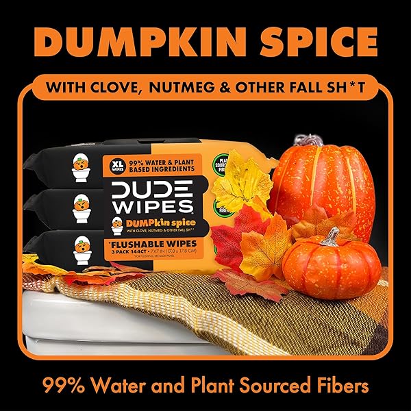 DUDE WIPES DUMPKIN SPICE FLUSHABLE WIPES – PUMPKIN SPICE SCENTED EXTRA-LARGE ADULT WET WIPES – 3 PACK (144 COUNT) – INFUSED WITH CLOVE, NUTMEG, VITAMIN E, AND ALOE – SEPTIC AND SEWER SAFE