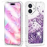 ANSHOW Glitter Case Compatible with iPhone 16, Shockproof Clear TPU with One Screen Protector, Bling Glitters for Women, Purple
