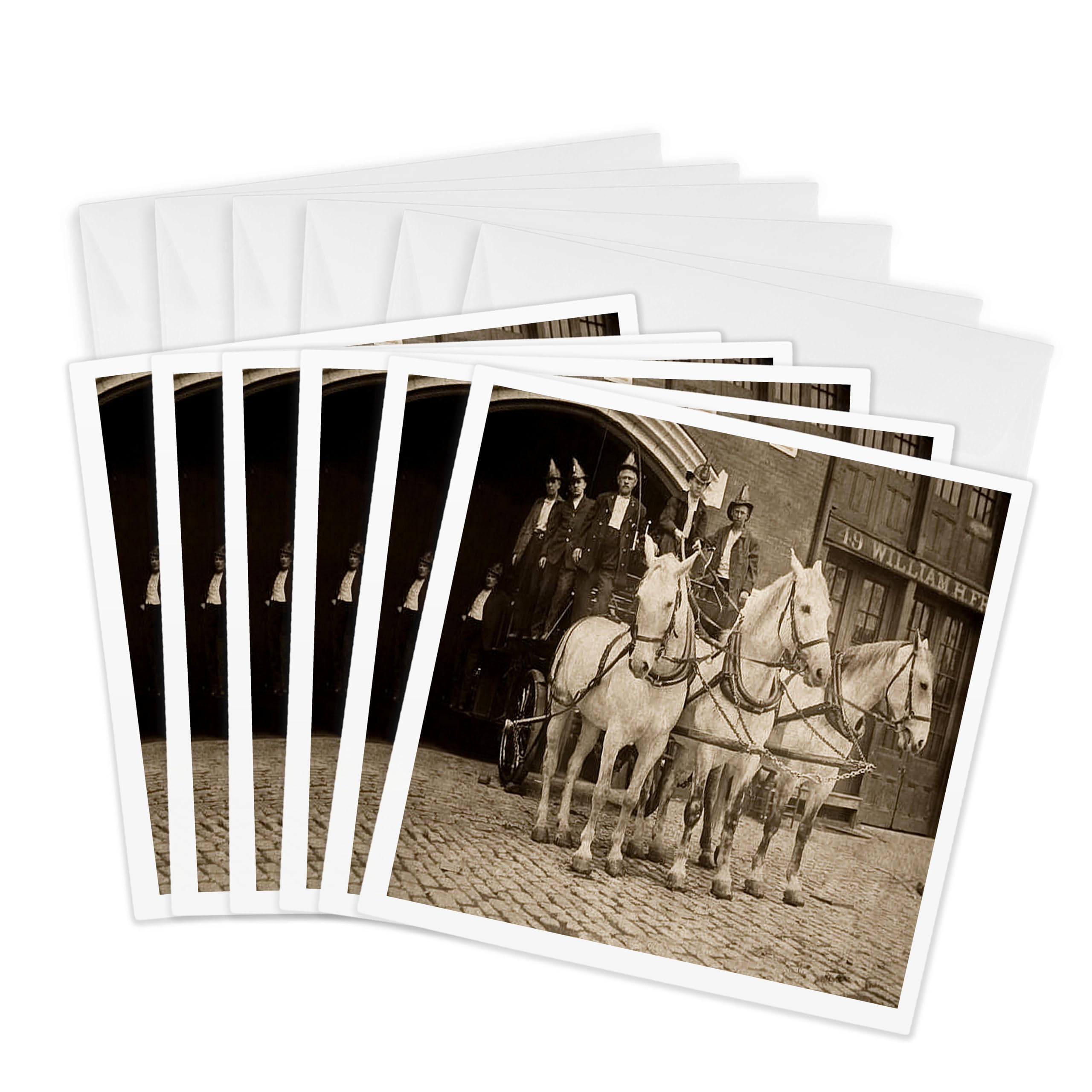 3dRose gc_8493_1 6 x 6-Inch "Vintage Horse Drawn Fire Company Sepia" Greeting Card (Pack of 6)