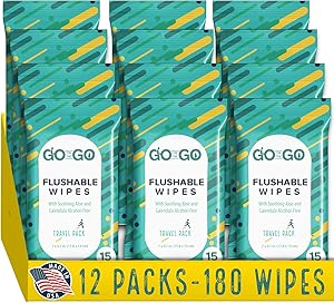 Flushable Wet Wipes for Travel by Go on the Go - Biodegradable, Alcohol-Free, with Soothing Aloe and Calendula, 12 packs of 15 count Each (180 Wipes Total)