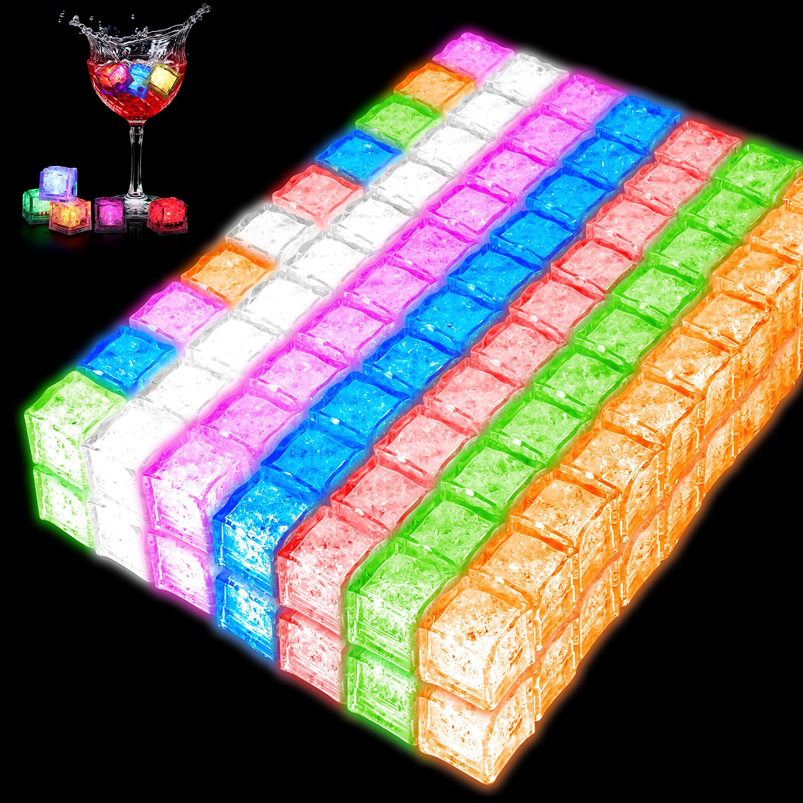 Photo 1 of 120 Pack Light Up Ice Cubes for Drinks, Multicolor Fast Flash + Solid Color Pink + Green + White + Blue + Red + Orange, 7 Color LED Ice Cube Reusable, Club Bar Cocktail Birthday Wedding Party Decor