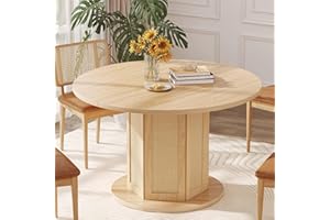 DWVO Round Dining Table for 4-6 People, 47 Inch Farmhouse Kitchen Table with Rattan Circular Base, Wooden Dinner Table for Dining Room Family Gathering, Oak