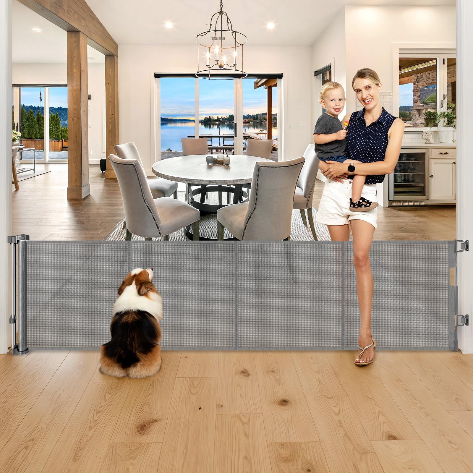 Photo 1 of 28 Inch Tall Retractable Baby Gates, 80" Wide Reinforced Retractable Dog Gate with Support Rods, Walk Through Pet Gate, Short Dog Gate Retractable Pet Gate, Mesh Baby Gate for Stairs, Doorways, Gray