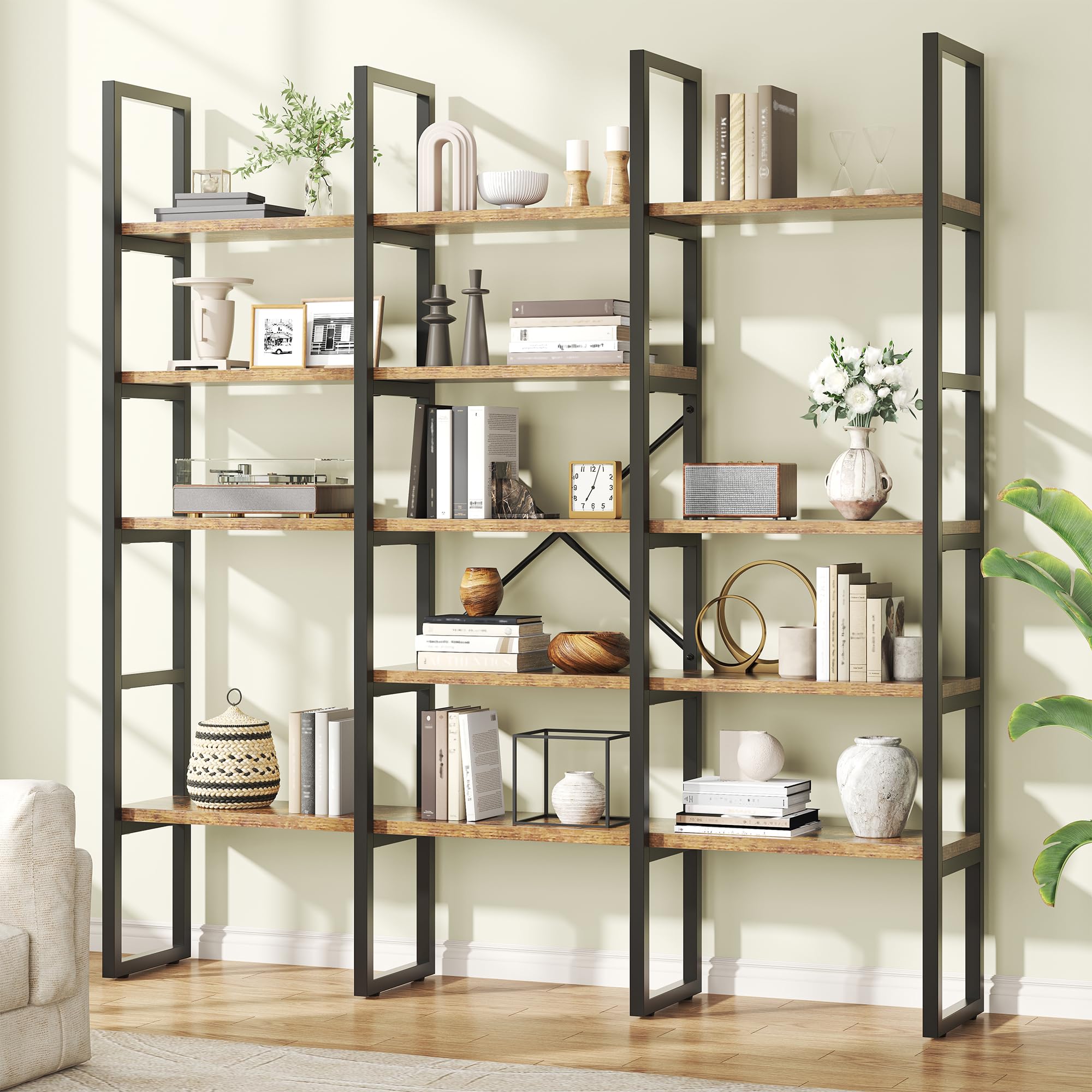Photo 1 of Nosepen 70.86" Modern Bookshelf and Bookcases with 13 Open Display Shelves, Triple Wide 5-Tier Industrial Large Book Shelf with Metal Frame, Tall Etagere Book Case for Home & Office, Rustic Brown