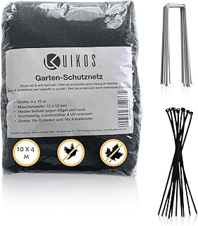 UIKOS 10 x 4 m Teichnetz feinmaschig (12 x 12 mm) - Farbe Schwarz - Vogelschutznetz - mit gratis 16 Erdhaken und 16 Kabelbindern