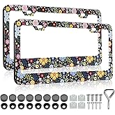 LIN KANG Colorful Floral Flowers License Plate Frame - 2 Pack Women Men Personalise License Plate Frames Car Universal Aluminum Accessories Fits Standard US Vehicles Size