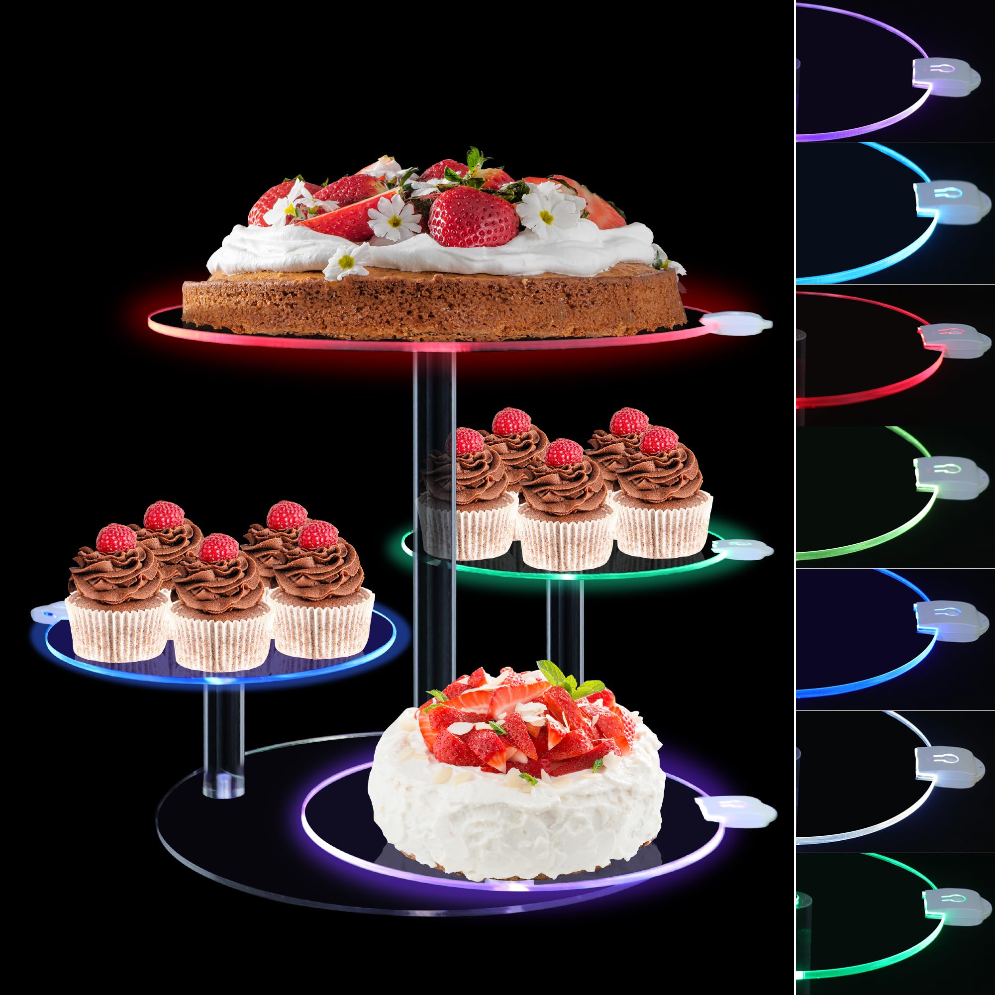 Photo 1 of Cake Stand with Rechargable Light, 4 Tier LED Acrylic Cupcake Stand, Round Cake and Cupcake Stand Combo, Clear Tiered Cake Tower Stands for 50 Cupcakes, Display Stand for Wedding Birthday Party