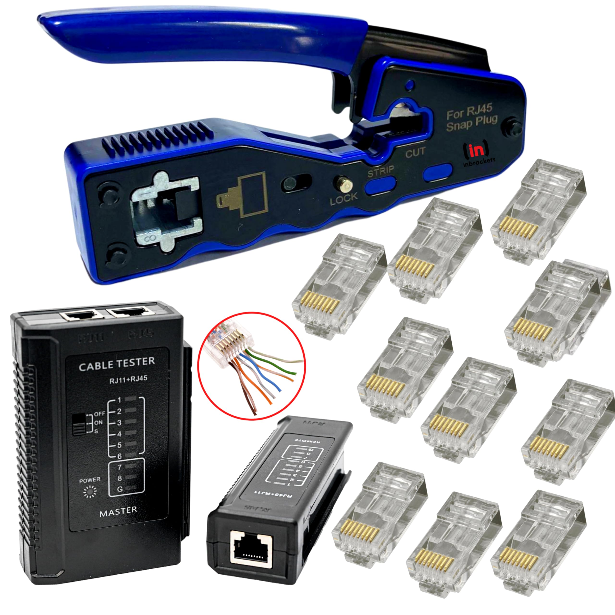 Inbrackets RJ45 Crimp Tool Pass Through Crimping Tool for Pass Through Easy Cat5e Cat6 RJ45 with Network Cable Tester and 10 CAT6 Connectors