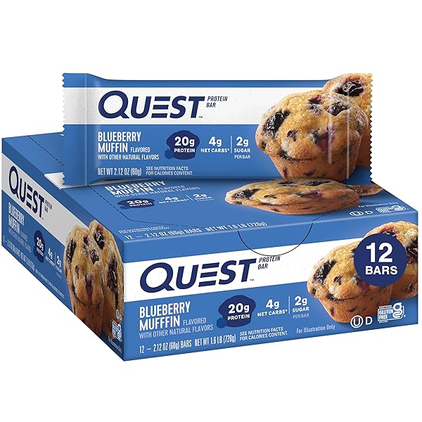 QUEST NUTRITION BLUEBERRY MUFFIN PROTEIN BARS, 20G PROTEIN, 2G SUGAR, 5G NET CARB, GLUTEN FREE, KETO FRIENDLY, 12 COUNT