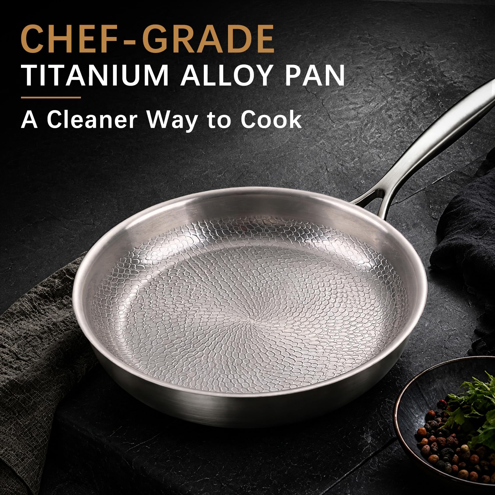Condition photo showing New/Like New for 10-inch titanium alloy hammered frying pan with lid, chef-grade no-coating tri-ply skillet, compatible with induction, gas, electric & ceramic cooktops, oven & dishwasher safe (10in)