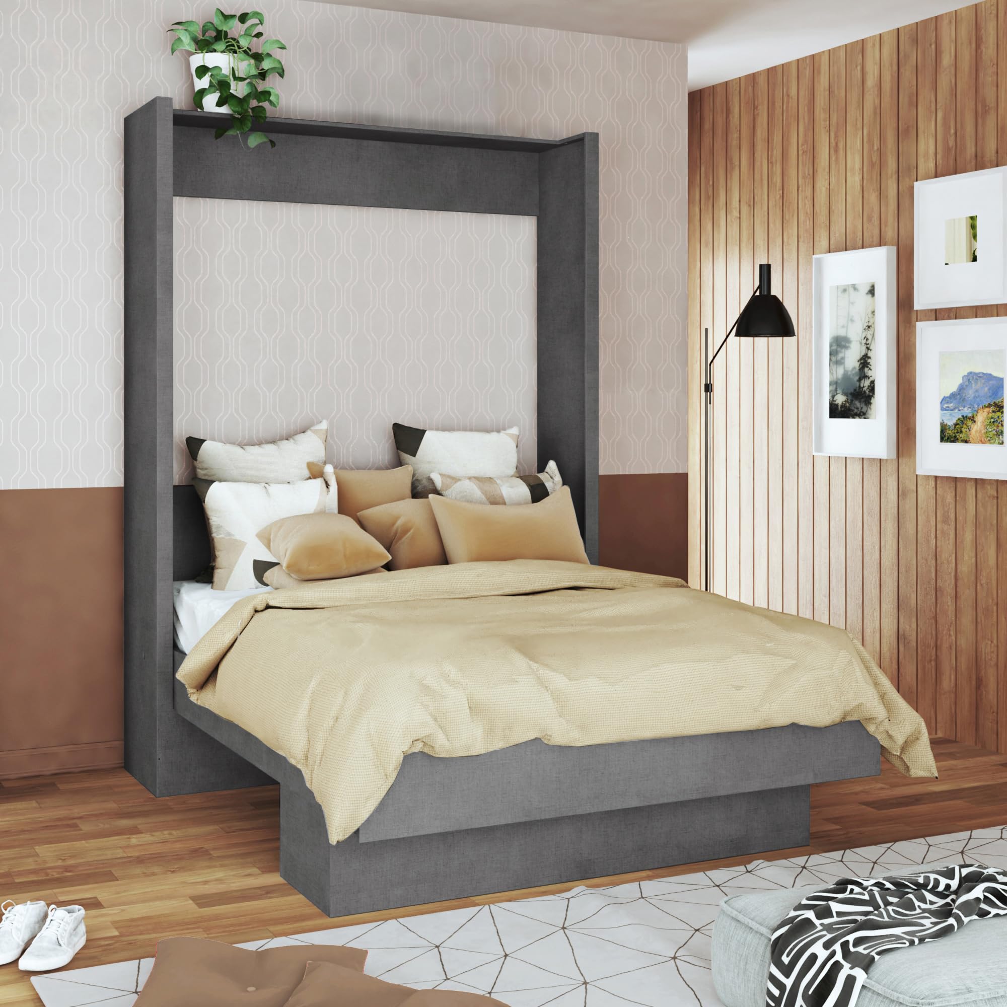 Photo 1 of ***BOX 1 OF 2, MISSING BOX 2 OF 2 -SELLING AS PARTS ONLY*** Oakland Living Easy-Lift Murphy Wall Bed in Dark Grey with Shelf Folding, Queen (U.S. Standard), ASH