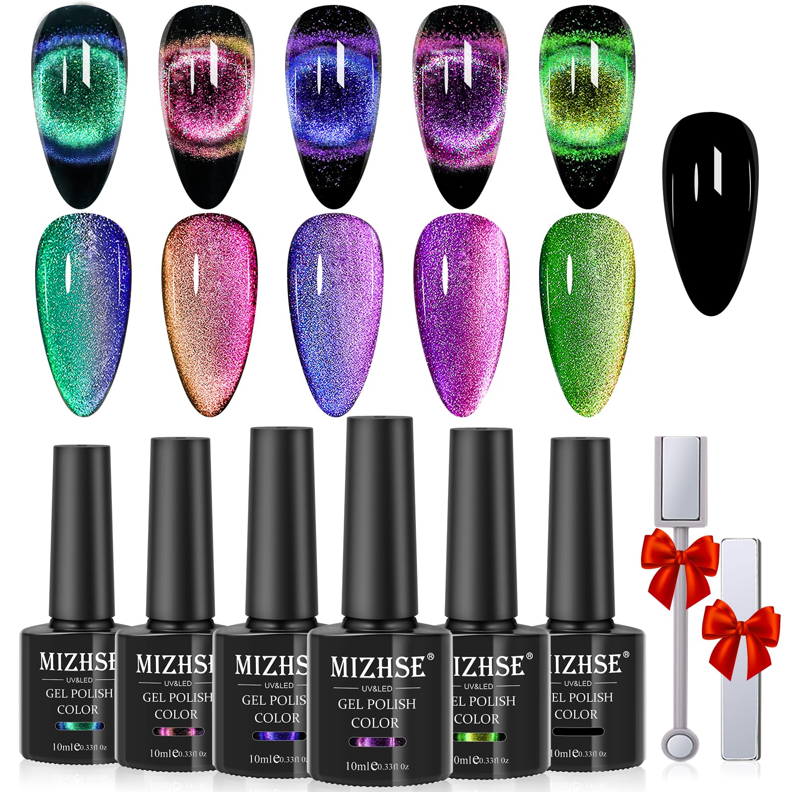 MIZHSE 9D Cat Eye Gel Nail Polish, Magnetic Cat Eye Gel Polish Set, 10ml*6 with 2 Magnets, Classic Colors Chameleon Magic Galaxy Effect Soak off Nail Art, Sparkle Stunning Gel Polish Gift for Women - Image 9