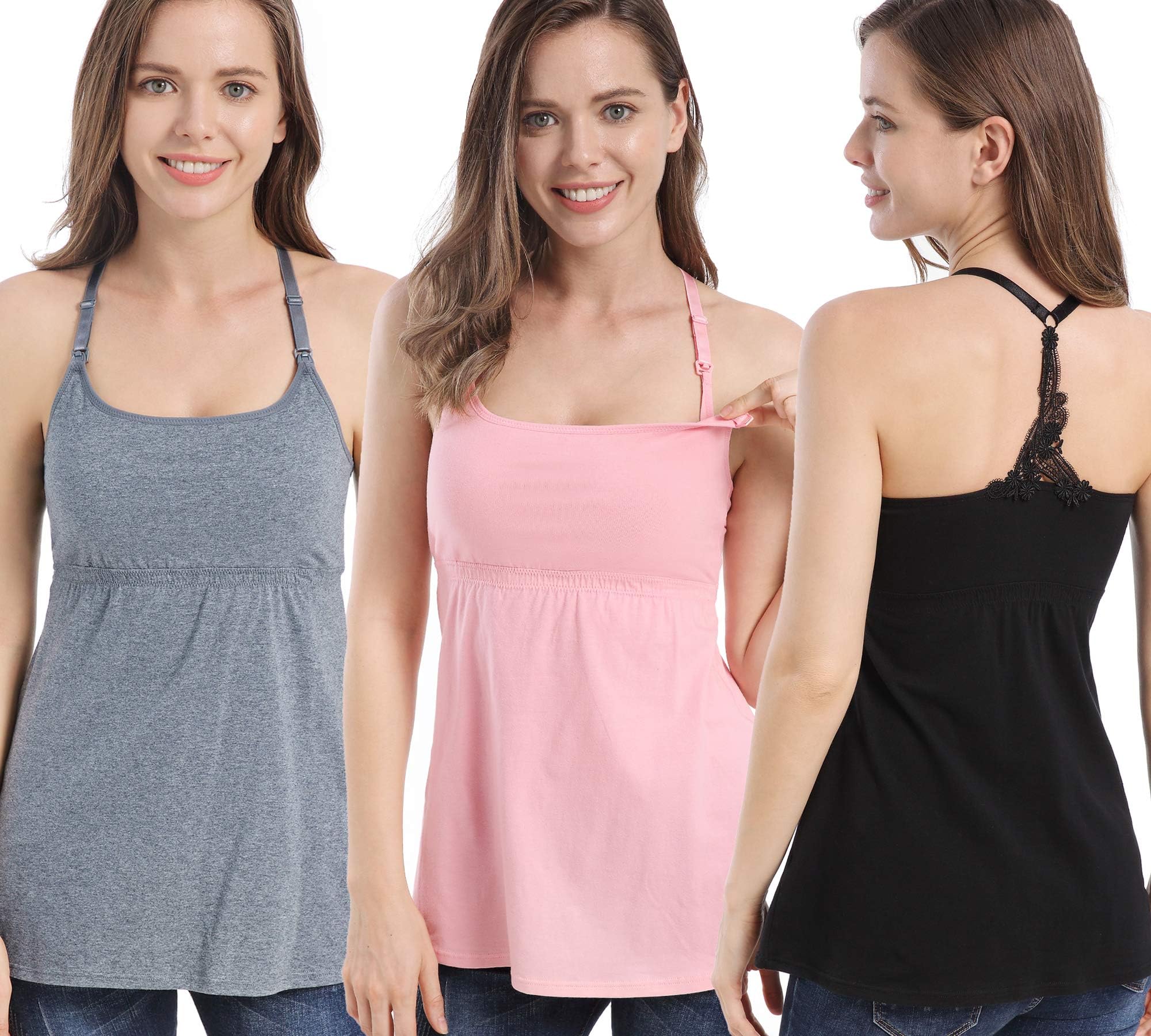 SUIEK 3PACK Women's Nursing Tanks Maternity Tops Racerback Breastfeeding Cami Bra Shirt