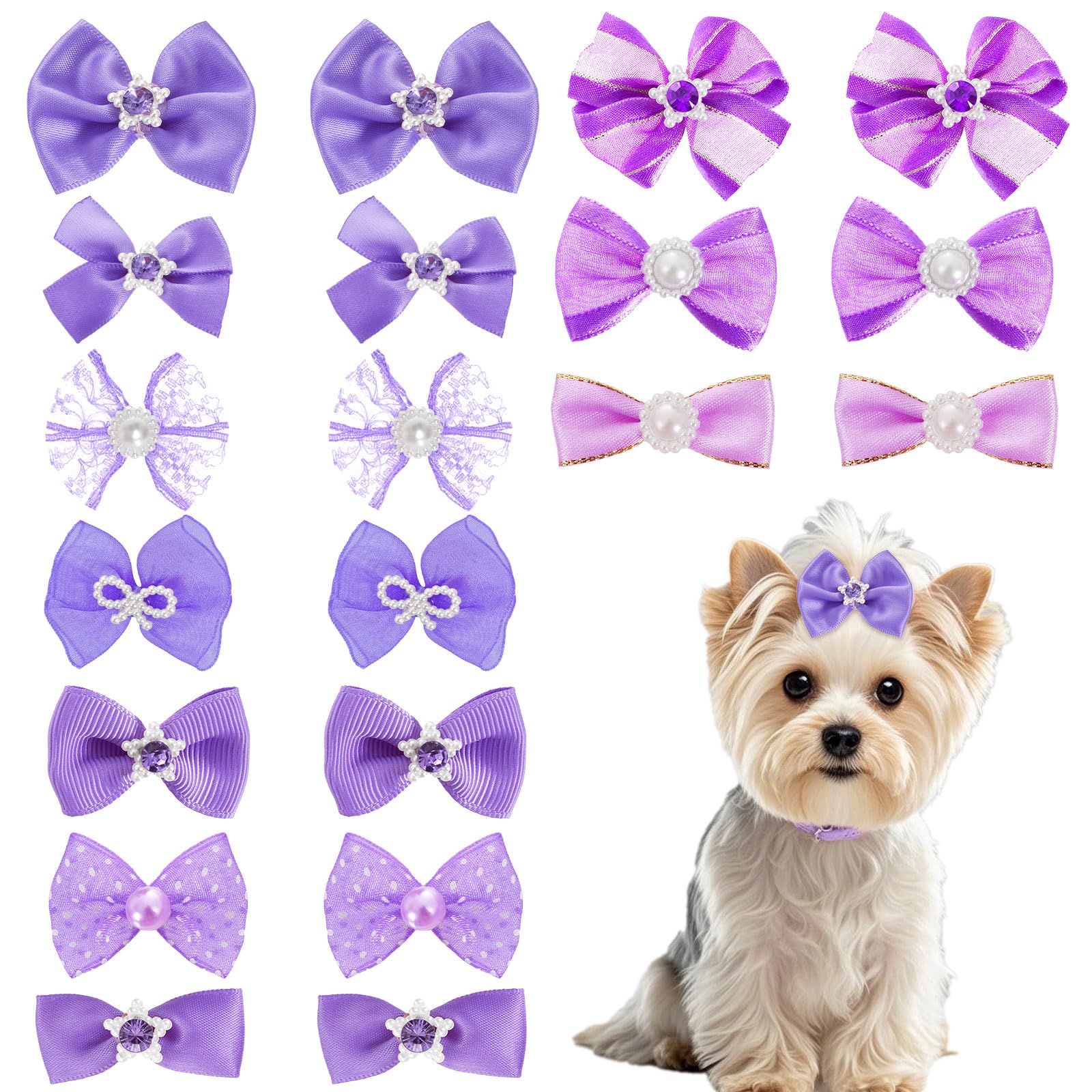 Photo 1 of 20 PCS Cute Dog Hair Bows with Rubber Bands Elastic Handmade Mix Style Lace Rhinestone Pearls for Furry Puppy Cat Pet Girl, Purple