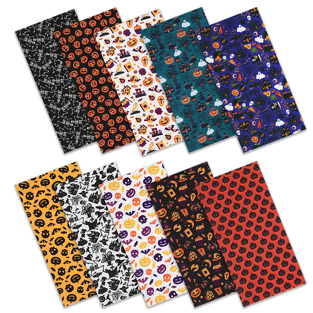Halloween Cotton Patterned Fabric,10 Pieces Quilting Fabri Material 50 X 50 cm,Fat Quarters Patchwork Fabric Bundles By The Metre for Halloween Thanksgiving Festival Party DIY Sewing Craft Decorations