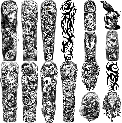 Kaieteur Waterproof Temporary Tattoos Full Arm 8 Sheets Half Arm 8 Sheets Men