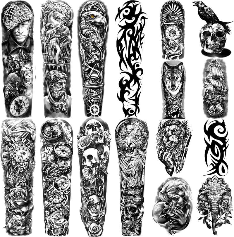 Kaieteur Waterproof Temporary Tattoos Full Arm 8 Sheets Half Arm 8 Sheets Men