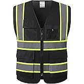 HATAUNKI High Visibility Reflection Black Mesh Safety Vests with 8 Pockets and Front Zipper, hi vis safety vest for Men and Women, Meets ANSI/ISEA Standards(Black-07,Large)