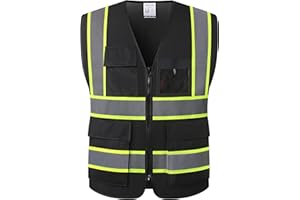 HATAUNKI High Visibility Reflection Black Mesh Safety Vests with 8 Pockets and Front Zipper, hi vis safety vest for Men and Women, Meets ANSI/ISEA Standards(Black-07,X-Large)