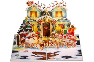 Paper Love 3D Pop Up Christmas Card, Decorated House, Gift for Christmas or Holidays, 5" x 7" Cover - Includes Envelope and Removable Note Tag