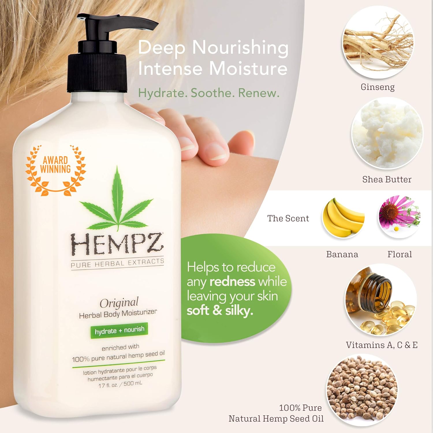 Original, Natural Hemp Seed Oil Body Moisturizer with Shea Butter and Ginseng, 17 Fl Oz: Beauty