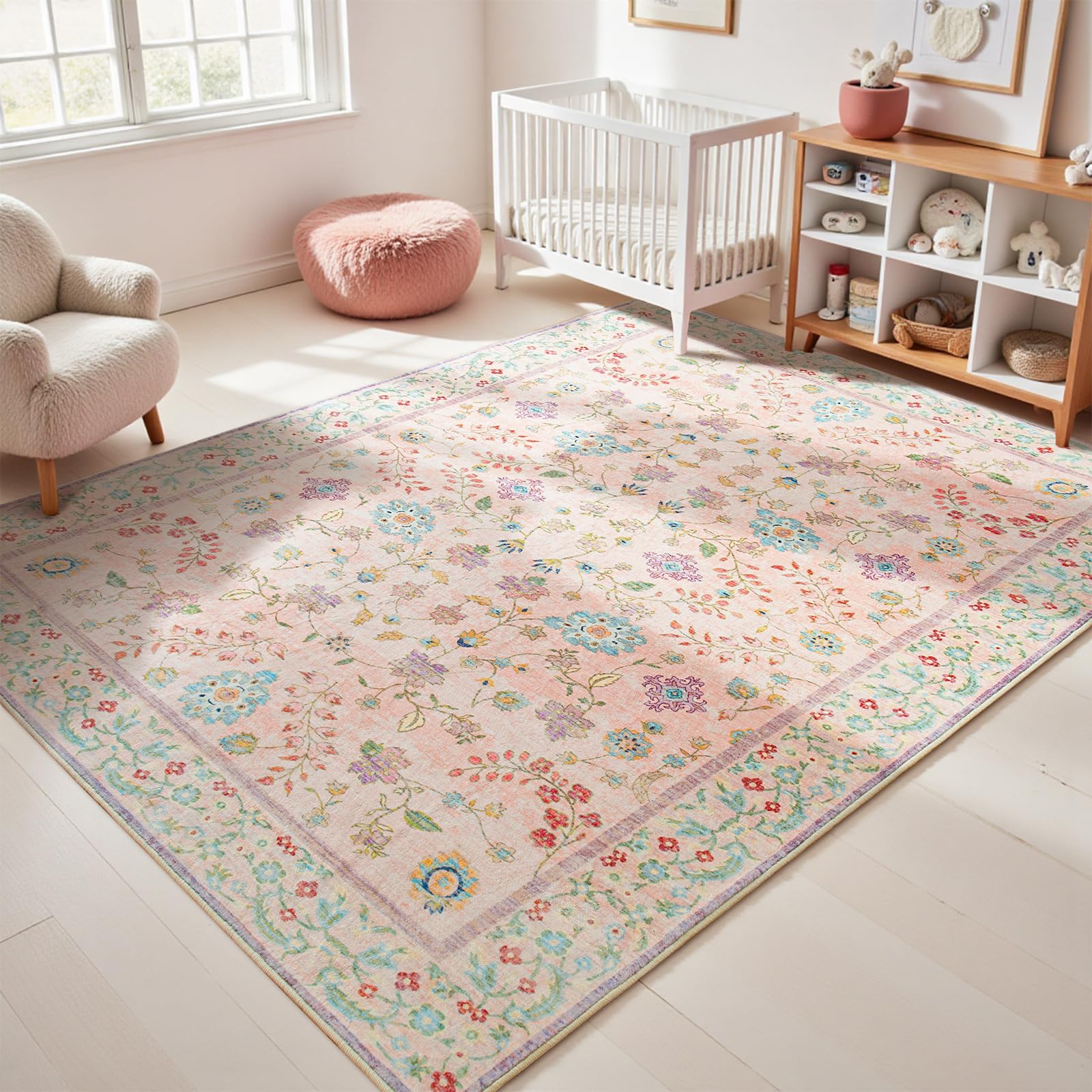 Photo 1 of Goideal Pale Pink Nursery Rug, 4x6 Floral Washable Area Rug Non Slip, Boho Low Pile Carpet with Rubber Backing for Bedroom Living Room Bathroom Playroom Entryway Office