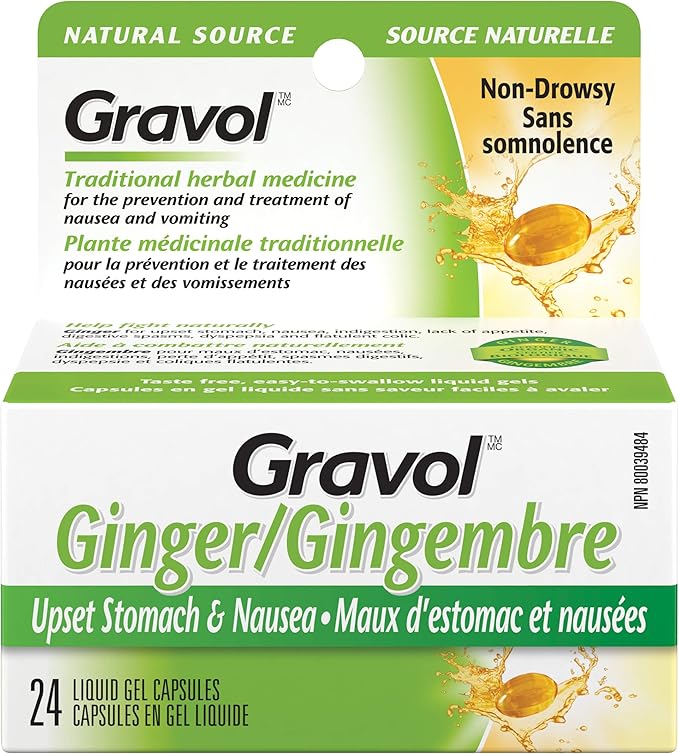 Gravol Ginger Liquid Gel Capsules for Upset Stomach and Nausea, 24