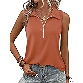 Vivilli Womens Ribbed Tank Top Zipper V Neck Dressy Casual Blouses Sleeveless Camisole Tops Work Tank Polo Shirts