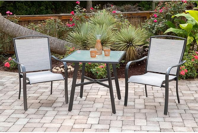 Amazon Com Hanover Foxdn3pcg Gry Foxhill 3 Piece Grade Bistro Set With 2 Sling Dining Chairs Commercial Outdoor Furniture Gray Gunmetal Garden Outdoor