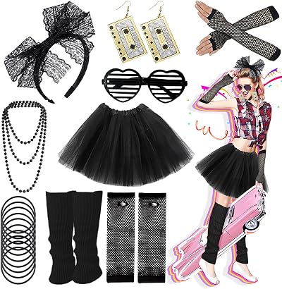 Ronilp 80s Fancy Dress Kit for Women Tutu Leg Warmers Fishnet Gloves Sunglasses
